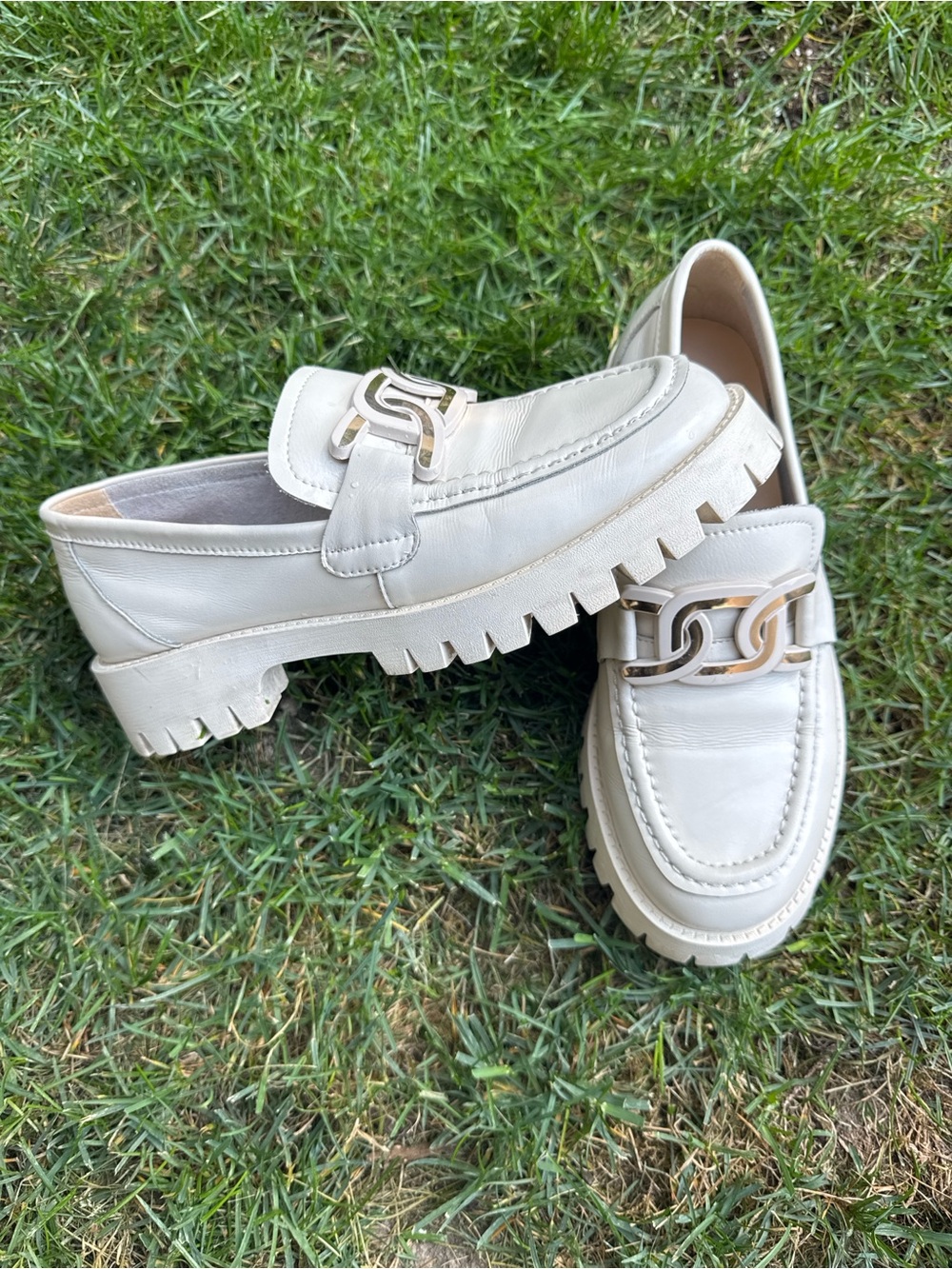 The Attico Cream Leather Lug-Soled Loafers with Chain Detail